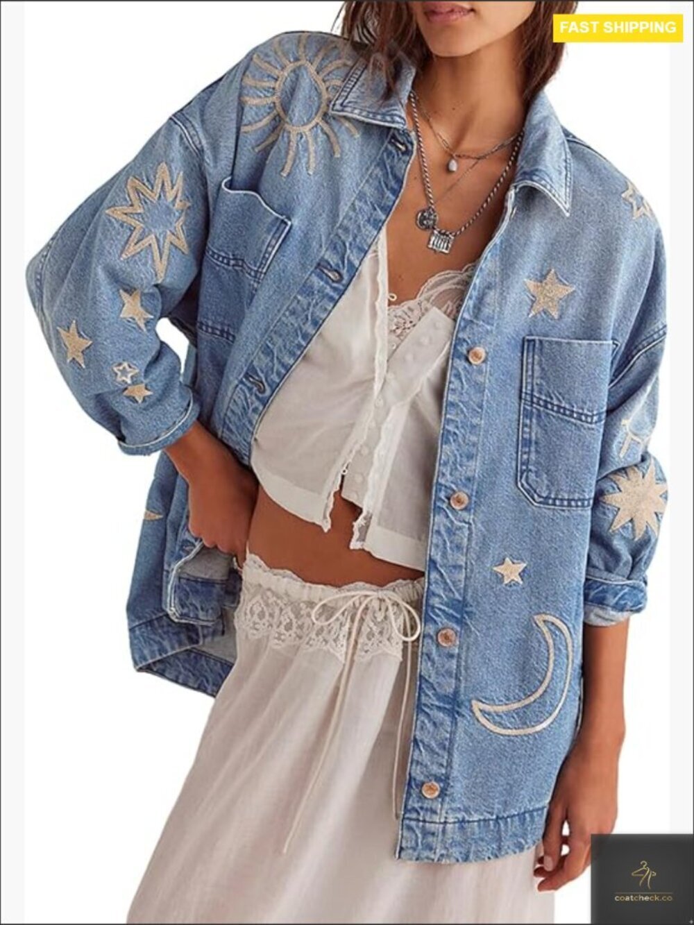 Vintage Oversized Denim Jacket Embroidered Graphic Casual Loose Fit Button Down
